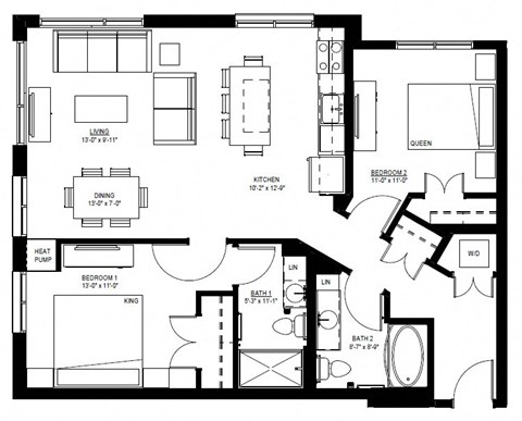 Floor plan for 2 beds, 2 baths, 1049 sqft